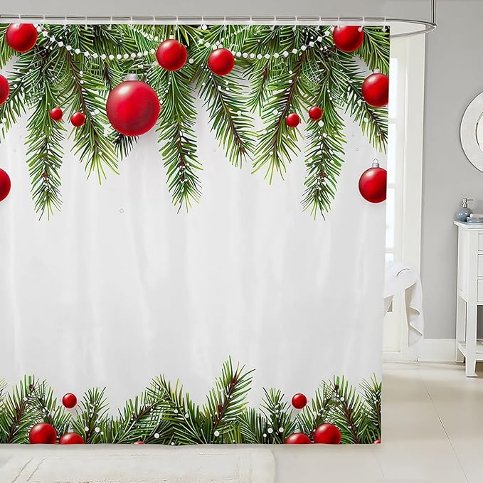 Christmas Theme Bathroom Shower Curtain Set Xmas Shower Curtain for Boys Girls Kids Christmas Ornaments Bath Curtain Pine Tree Twig Red Balls Waterproof Shower Curtain with Hooks Bright 72x78 Inch