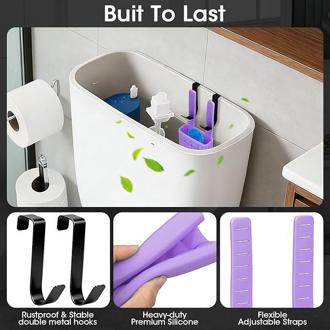 2Pcs Adjustable Toilet Tank Tablet Holder-Hanging Silicone Basket Carrier with Rustproof Hooks for Bowl Cleaner & Bleach Tablet Hanger Pouch Organizer, Accessory Fit Up to 7" Water Level