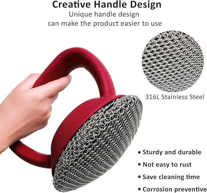 Cast Iron Scrubber with Handle 316L Stainless Steel Chainmail Scrubber for Cast Iron Pan Skillet Cleaner,Skillets and Grills (Blue)