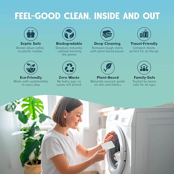 QLEAN Laundry Detergent Sheets Sweet Summer (40 Loads) – Travel-Size Plant-Based Laundry Sheets, Biodegradable, HE Compatible, Hypoallergenic for Sensitive Skin, Eco-Friendly Detergent Strips