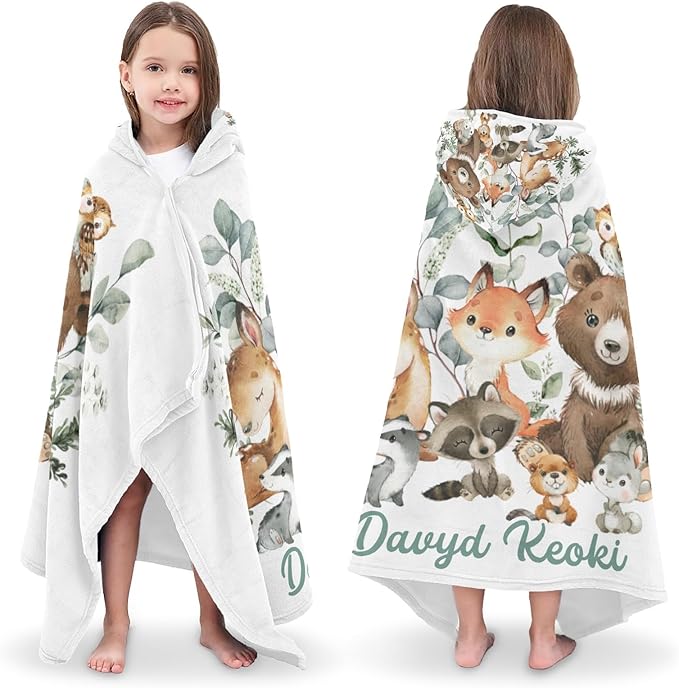 Greenery Woodland Animal Personalized Kids Hooded Towel with Name Soft Absorbent Beach Pool Bath Towels Hood Poncho for Boys Girls