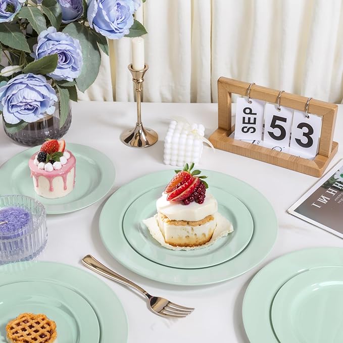 FLOWERCAT 60PCS Sage Green Plates - Heavy Duty Plastic Plates Disposable for Spring Party - Include 30PCS 10.25inch Sage Green Dinner Plates and 30PCS 7.5inch Dessert Plates