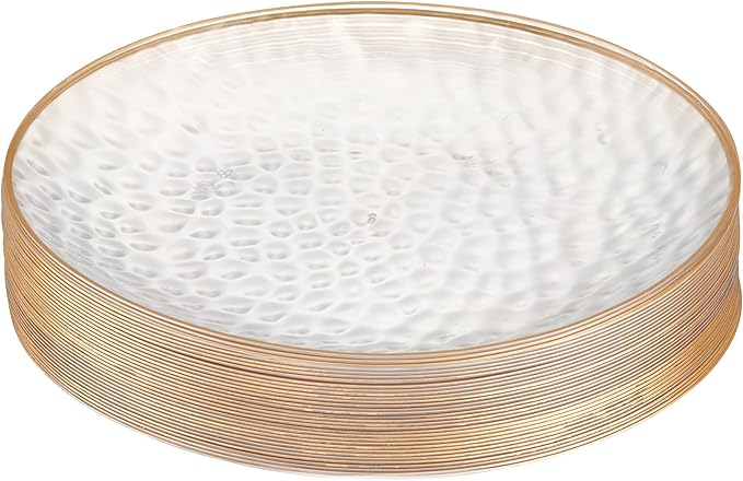 PLASTICPRO 30 Pack Hammered Plastic Plates Heavyweight Disposable Plastic Plates Elegant Clear Hammered Rim Platsic Party Dishes (Hamered Clear With Gold Rim, 9'' INCH PLATES)