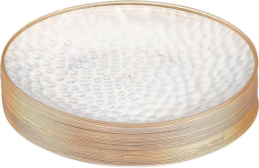 PLASTICPRO 30 Pack Hammered Plastic Plates Heavyweight Disposable Plastic Plates Elegant Clear Hammered Rim Platsic Party Dishes (Hamered Clear With Gold Rim, 9'' INCH PLATES)