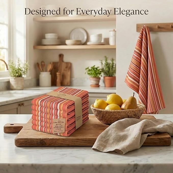 Urban Villa Kitchen Towels 100% Cotton Dish Towels for Kitchen(Set of 6) 20”x30” Dish Cloths Highly Absorbent Kitchen Linen Set with Hanging Loop Perfect for Drying Dishes Cleaning Hand Towels - Rust