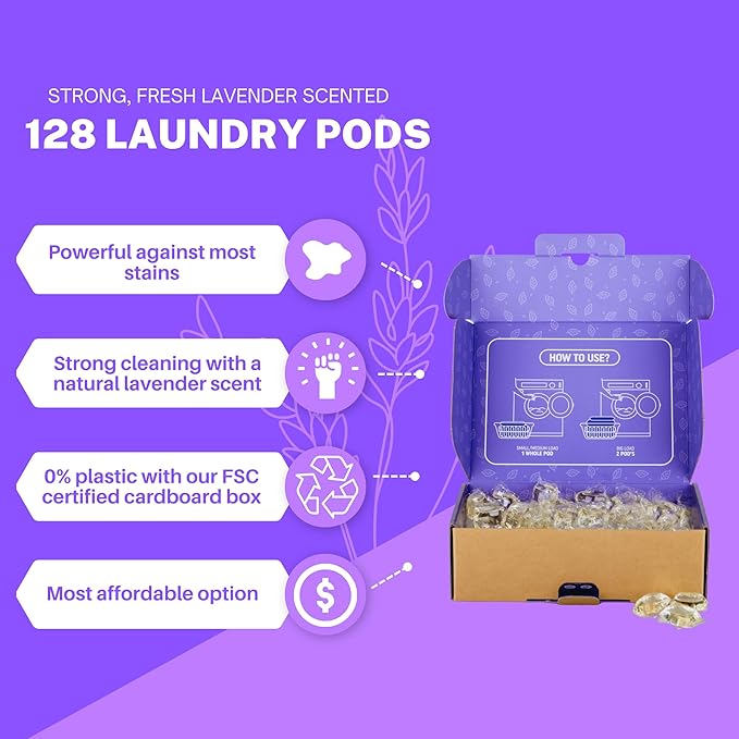 Greenseedz Laundry Pods, Fresh Lavender Scent, 128 Packs, Eco Friendly, Powerful Clean, Biodegradable, HE Compatible