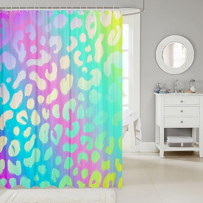 Erosebridal Cheetah Print Shower Curtain 72" Wx78 L,Glitter Kawaii Bath Curtain Pastel Pink Teal Gradient Tie Dye Shower Curtain Set Rainbow Animal Hide Kids Girls Glowing Leopard Spot Bathroom Decor