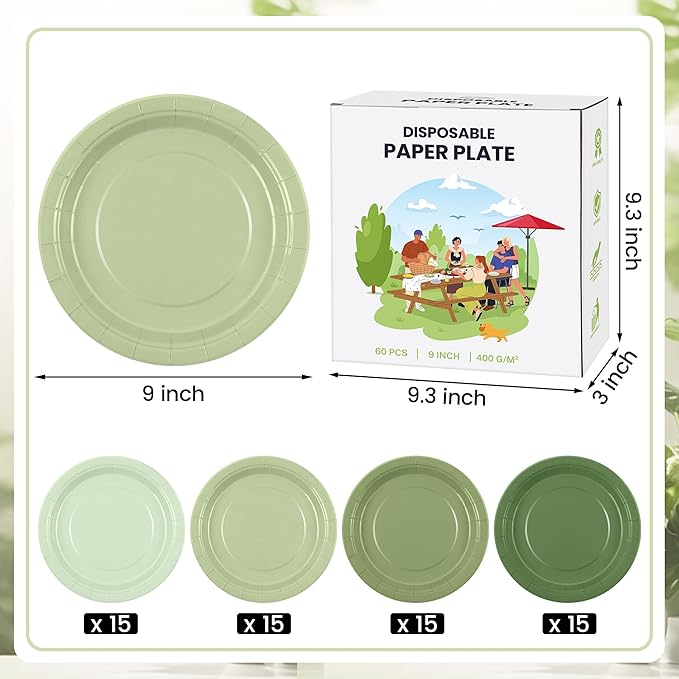 Kochorie 60 Pieces Sage Green Disposable Paper Plates 9 Inch Heavy Duty Dinner Plates, Solid Color, Table Decorations Party Supplies for Birthdays, Weddings, Daily Use