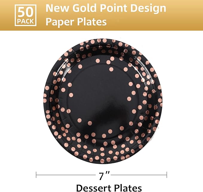 Black & Rose Gold Dots Party Paper Plates, 50 PCS Disposable Party Supplies Dessert Paper Plate for Birthday Wedding Graduation Supplies (7 inches)