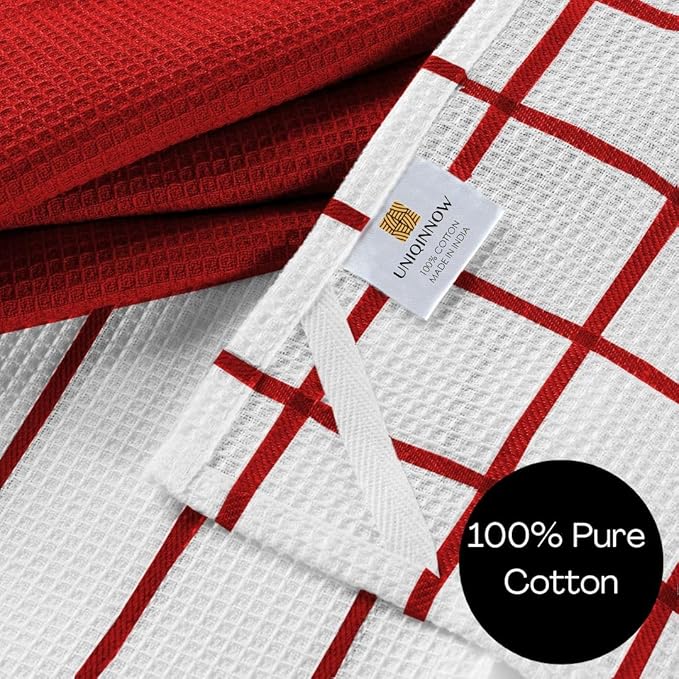 Assorted Waffle Kitchen Dish Towels Cotton Set of 6, Soft Absorbent Quick Drying Table and Kitchen Linen, Tea Towels and Cleaning Towels with Hanging Loop, Dish Towels 15x25 Red