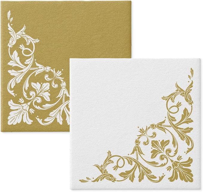 PAW - 50 Pieces Linen-Feel Paper Paper Napkins 16" x 16", Disposable Cloth-Like Napkins with Reverse Gold Design, Dinner Napkins for Party, Wedding, Christmas