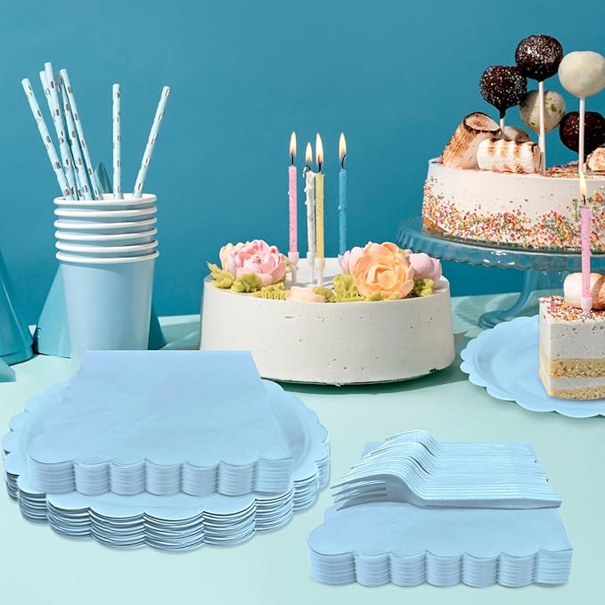 Light Blue Paper Plates and Napkins,7 Inch Baby Blue Scalloped Disposable Dessert Plates Paper Napkin Fork Party Supplies for Wedding Baby Shower Birthday(25 Guest)