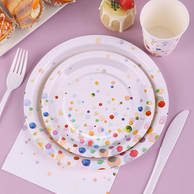Colorful Birthday Plates and Napkins 168PCS Happy Birthday Party Plates Set for Holiday Party Supplies Bubble Decorations,Confetti Colorful Paper Plates Disposable Tableware Serve 24
