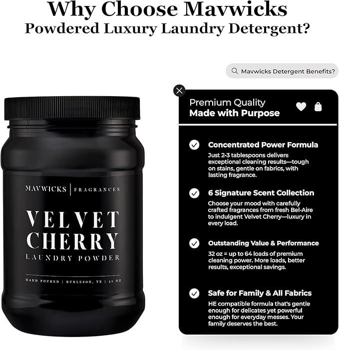 Mavwicks - Luxury Laundry Detergent Powder (Velvet Cherry) 32 Oz – Concentrated for Tough Stains and Odors, For All Washing machine types – Gentle on Fabrics