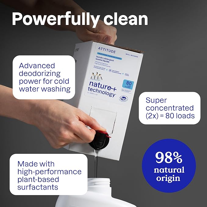 ATTITUDE Liquid Laundry Detergent, EWG Verified, HE Compatible, Plant-Based & Vegan, Natural Laundry Soap, Wildflowers, 80 Loads, 67.6 Fl Oz