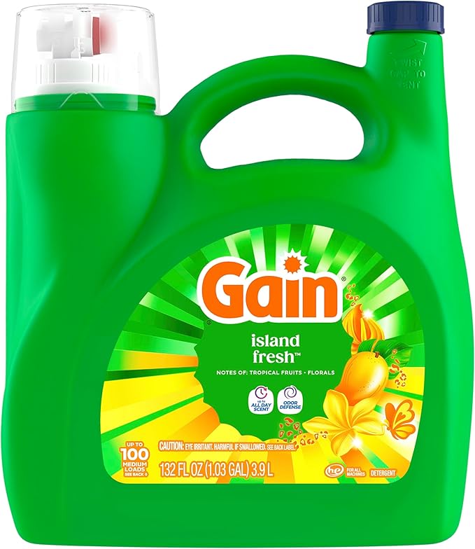 Gain Liquid Laundry Detergent with Odor Defense, Island Fresh Scent, Laundry Soap For HE Washing Machines, 132 fl oz, 100 Loads (Packaging May Vary)