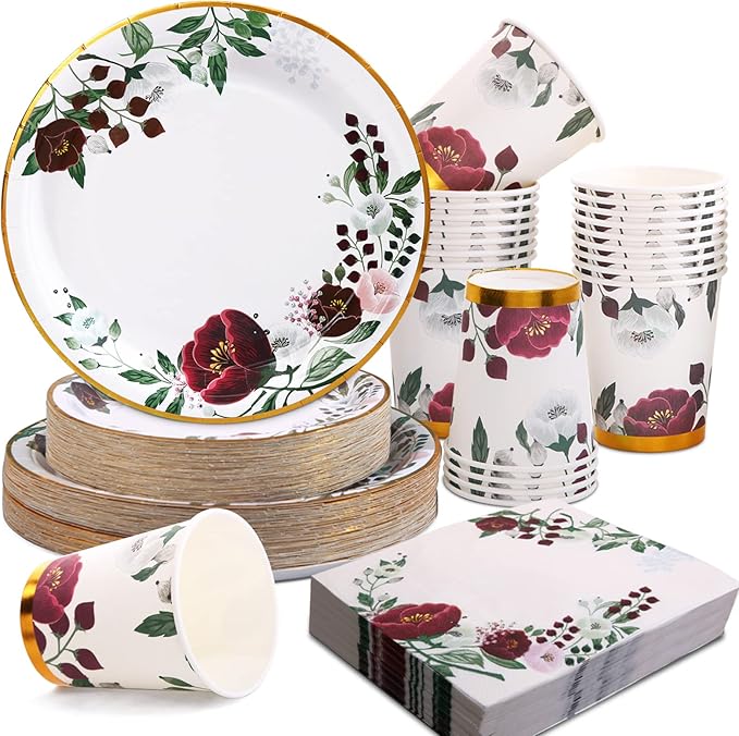 200Pcs Floral Paper Plates and Napkins Party Supplies - Bridal Shower Decorations Serves 50, Burgundy for Wedding, Birthday, Valentine's Day, Easter, Spring Party