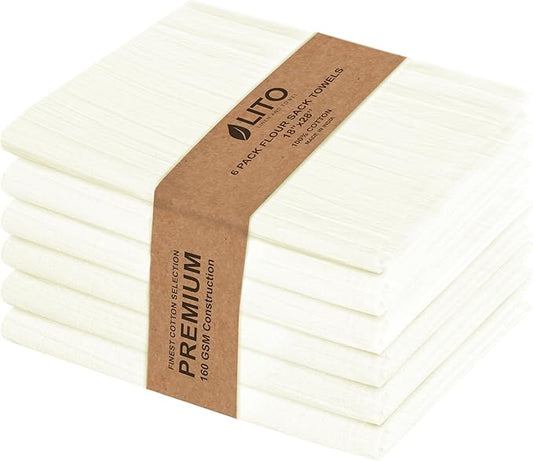 Flour Sack Towels | Tea Towel for Crafts| Kitchen Dish Cotton Blank Towel for Embroidery| Baking Bread Proofing Linen Cover| Thick Absorbent Quick Dry| 6 Pack 18"x 28" Natural