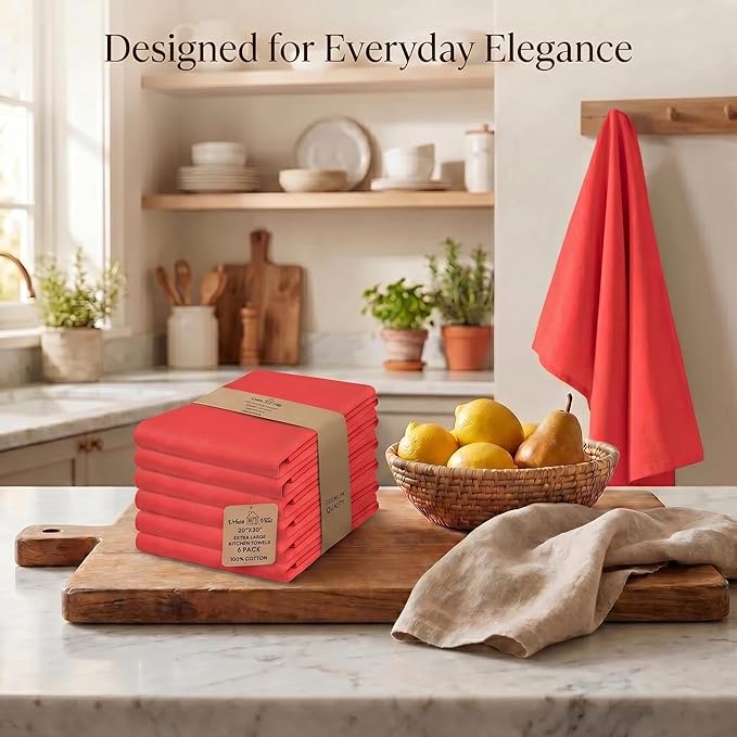 Urban Villa Kitchen Towel100% Cotton Red Color Dish Towels for Kitchen Size 20x30 inches (Set of 6) Highly Absorbent Multiuse Dish Cloths with Hanging Loop Quick Drying Soft Premium Hand &Tea Towels
