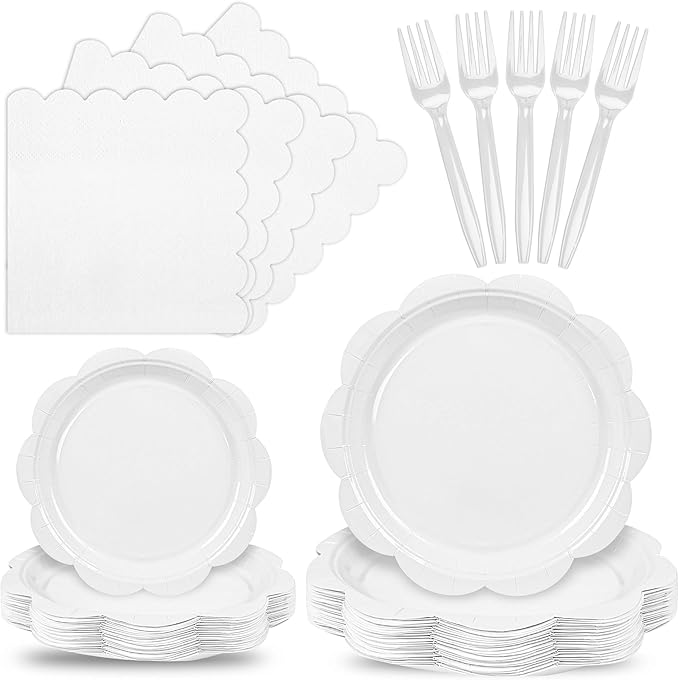 96 Pcs White Paper Plates and Napkins Set Party Supplies, Tableware set for 24 Guest include Disposable White Scalloped Plates, Napkins and Forks for Baby Shower Bridal Shower Wedding