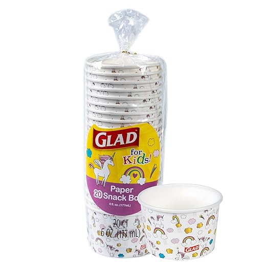 Glad for Kids Unicorn Paper Mini Snack Bowls, Lids Not Included - Heavy Duty Disposable Snack Cups with Unicorn Print, No Lids Included, 6 Ounce, 20 Count