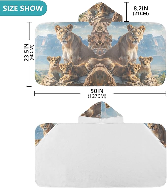 Hooded Towel for Kids Lion Family in Natural Habitat Beach Wrap Bath Towels 50x23.5in