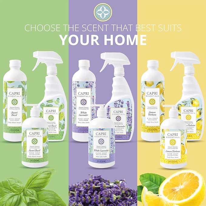 CAPRI ESSENTIALS Dish Soap Liquid, Natural Household Cleaning, Plant Based Aromatic Dish Detergent, Blend of Essential Oils with Almond Oil, Eucalyptus & Peppermint, Sweet Basil, 16 FL Oz (6 Pack)