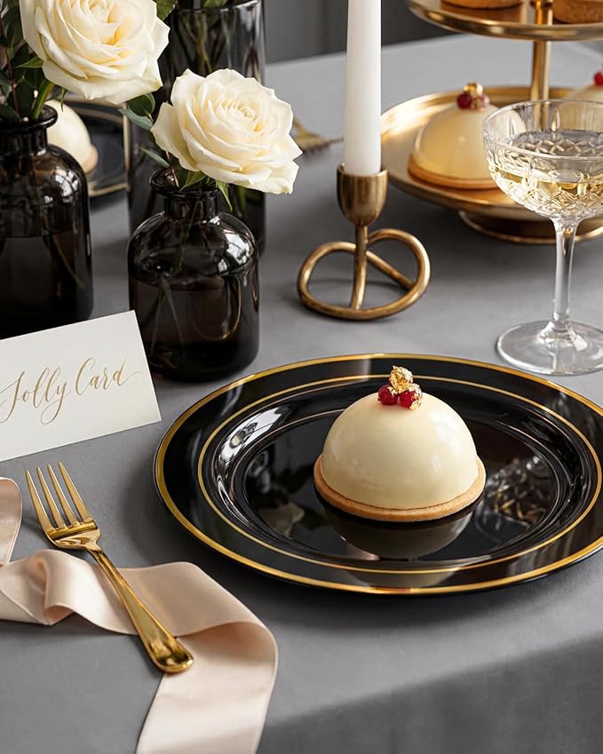 bUCLA 100PCS Black and Gold Plastic Plates - 6.25 inch Black Gold Premium Hard Disposable Dessert/Salad/Appetizer/Small Cake Plates for Party, Graduation & New year