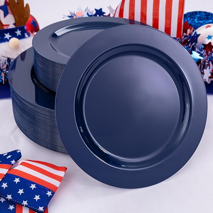 FLOWERCAT 100PCS Blue Plastic Plates - Heavy Duty Blue Disposable Plates for Memorial/Birthday Party/Graducation - Include 50PCS 10.25inch Dinner and 50PCS 7.5inch Dessert/Salad Plates for 50 Guests