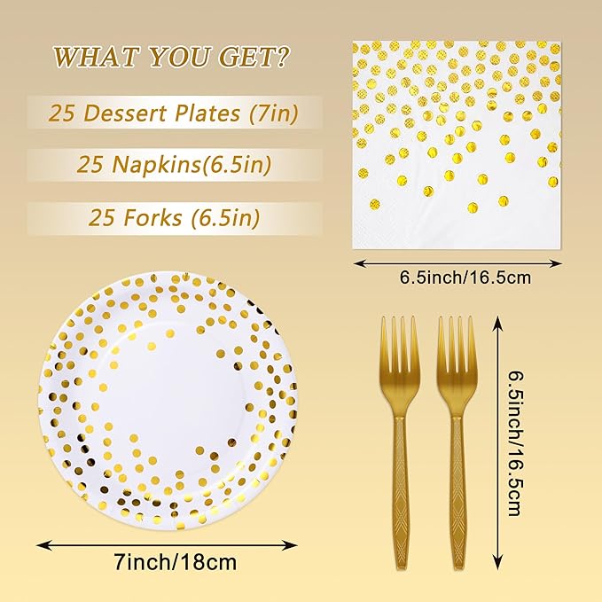White and Gold Paper Plates and Napkins Party Supplies,Serves 25 Guests White Gold Plates and Napkins,Disposable Paper Tableware Set for Birthday Wedding Bridal Shower Baby Shower Decorations