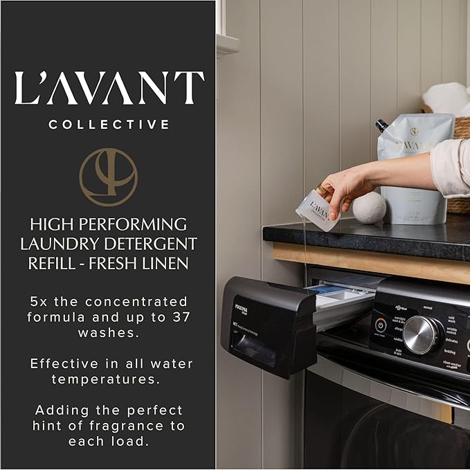 L'AVANT Collective Luxury Laundry Detergent Refill | Eco-Friendly, 75% Less Plastic | Fresh Linen | Natural Non-Toxic Liquid Laundry Soap with Enzymes | Plant-Based, HE Compatible | 32 oz