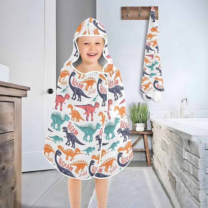 Hooded Towel for Kids Colorful Dinosaur and Word Beach Wrap Bath Towels 50x23.5in
