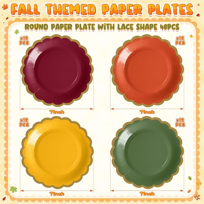 48 Pcs Fall Paper Plates 7 Inch Thanksgiving Dessert Scalloped Edge Disposable Gradient Color Dinner Plates for Fall Wedding Birthday Baby Shower Party Supply