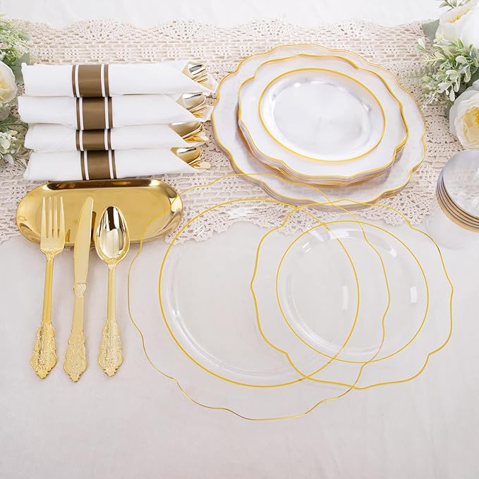 NOCCUR 50Guest Gold Rim Clear Plastic Plates&Disposable Silverware Cups-Include 100Plastic Plates, 150Gold Utensils, 50Cups and 50Napkins-Idea for Wedding/Party