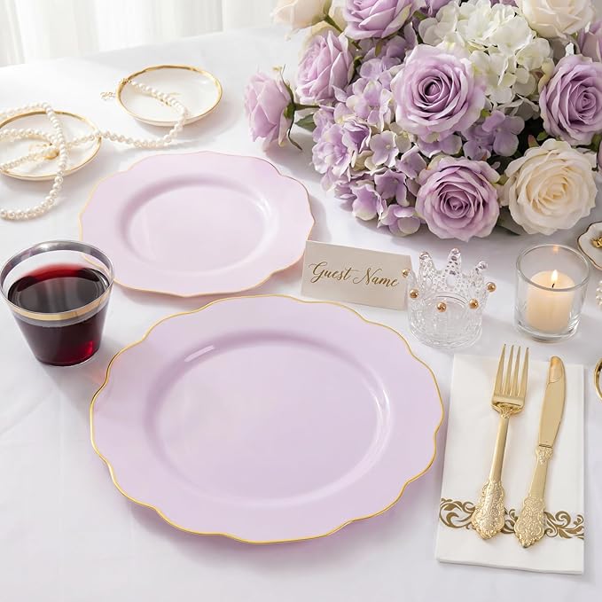 NOCCUR 175PCS Purple Plastic Plates with Gold Disposable Silverware - Include 50 Lavender and Gold Plastic Plates,25 Knives,25 Forks,25 Spoons,25 Cups and 25 Napkins - Mother's Day/Spring Party