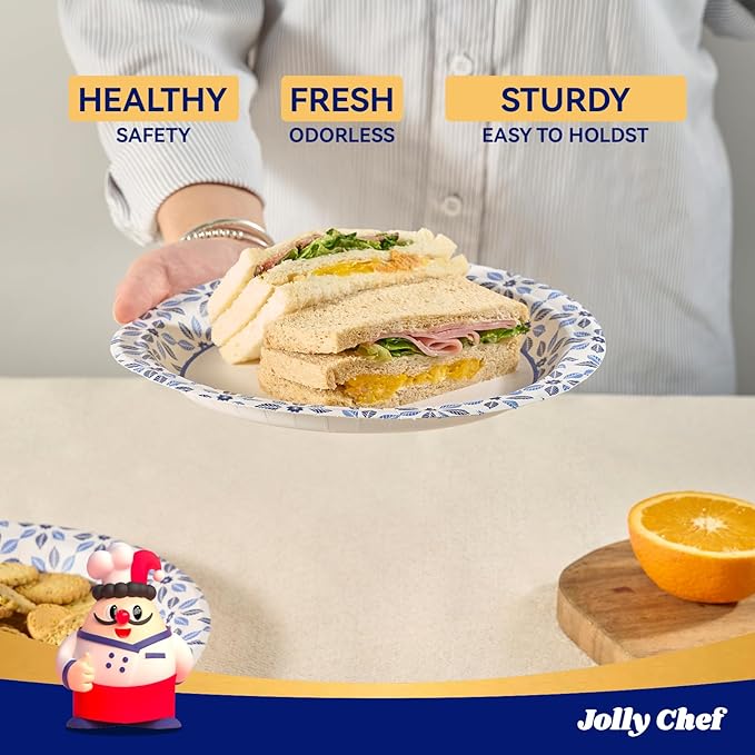 JOLLY CHEF 7 inch Disposable Paper Plates 150 Count, Soak Proof, Cut Proof, Heavy Duty Paper Plates Ideal for Everyday Use