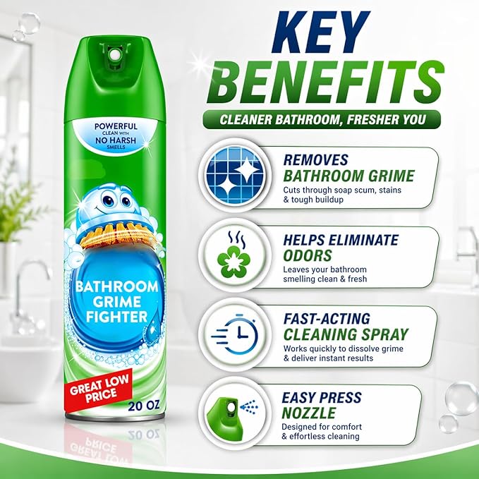 Bathroom Cleaner Spray, Foam Action Shower & Tub Cleaner, 20 oz, Multi Surface Cleaning Solution for Tiles, Sinks & Bathtubs, Fresh Scent