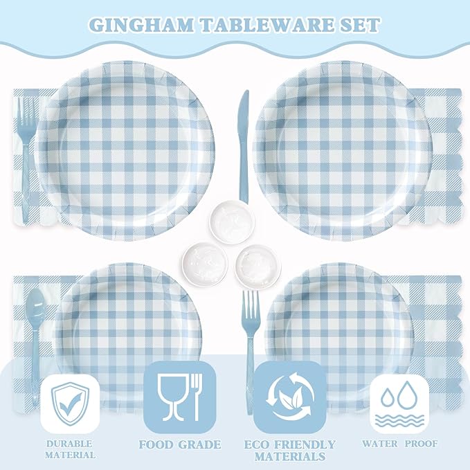 Vyntra 175 Pcs Blue & White Checkered Gingham Paper Plates and Napkins Set for 25, 9" Dinner Plates & 7" Dessert Plate, Baby Boy Shower Birthday Party