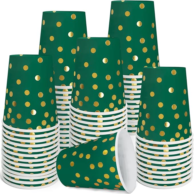 Dark Green and Gold Paper Cups,9 oz Dark Green and Gold Disposable Cups,Paper Cups for Birthday Wedding Party Supplies(50 Pcs)