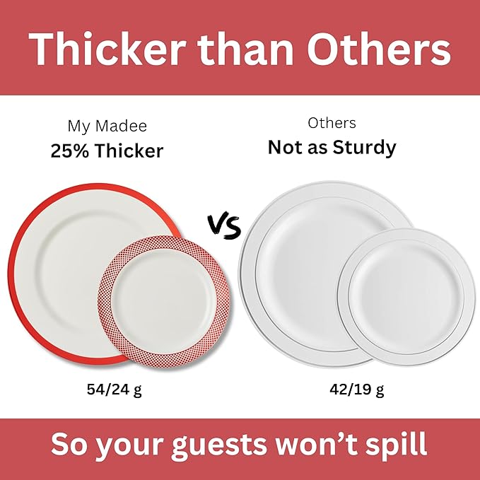 By Madee HEAVYWEIGHT 175 Pc Ivory with Red Trim Plastic Disposable Dinnerware Set with Silverware & Linen-Like Premium Napkins (25 Guests)