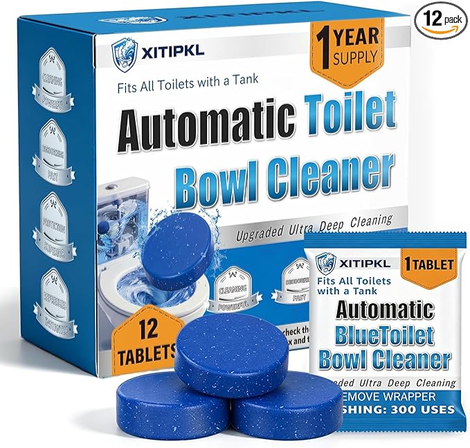 Toilet Bowl Cleaner Tablets for Tank – Automatic Toilet Tank Cleaner Tablets, Blue Toilet Tablets for Hard Water & Toilet Ring Removal, Deodorizing Toilet Tablets, Septic Safe, 300 Flushes, 12 Pack