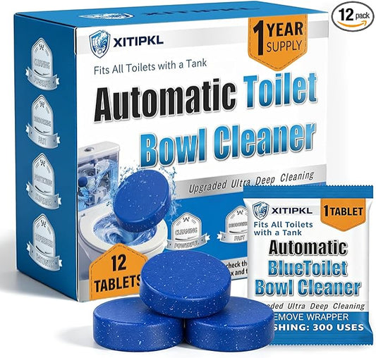 Toilet Bowl Cleaner Tablets for Tank – Automatic Toilet Tank Cleaner Tablets, Blue Toilet Tablets for Hard Water & Toilet Ring Removal, Deodorizing Toilet Tablets, Septic Safe, 300 Flushes, 12 Pack