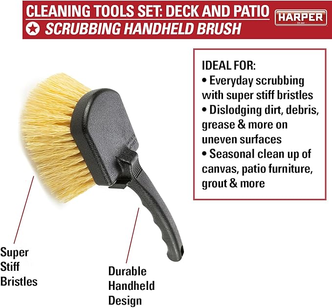Harper 37518100 Deck/Patio Cleaning Set with 60 in. Handle Deck Brush, Heavy Duty Corn Broom, Scrubbing Brush and Long Reach Scrubbing Brush