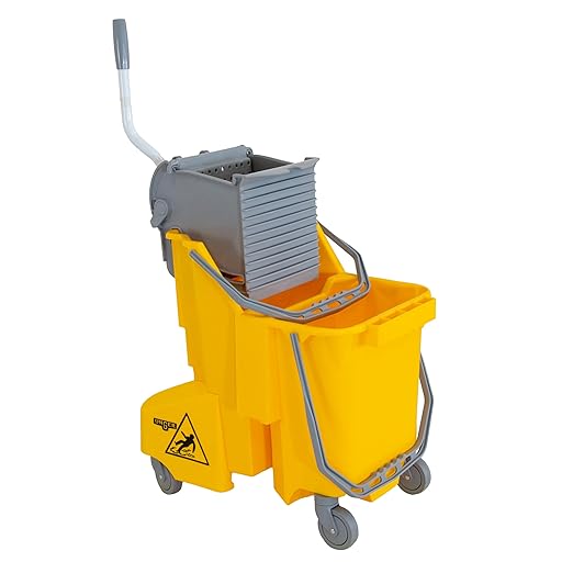Unger Commercial 8-Gallon Dual-Compartment Mop Bucket with Side Press Wringer – Yellow, Ergonomic Design for Efficient Floor Cleaning COMBY