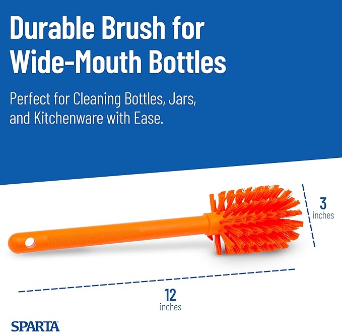 SPARTA 12 Inch Bottle Brush with Polyester Bristles and Plastic Handle, Color Coded, Large Round Head Cleaner for Bottles Jars and Food Service Equipment, Orange