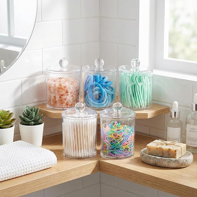 SheeChung 6-Pack Clear Acrylic Apothecary Jars with Labels - (3) 10oz & (3) 12oz Qtip Holder Set - Shatterproof Bathroom Vanity Organizer for Cotton Swabs, Balls, Pads - Minimalist Decor