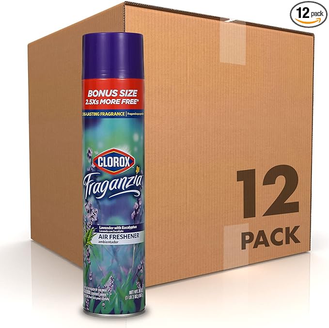 Clorox Fraganzia Aerosol Air Freshener in Lavender with Eucalyptus Scent - Long-Lasting Room Spray, Odor Eliminator for Home, Bathroom, and Bedroom, 20 oz Bonus Size - 12 Pack