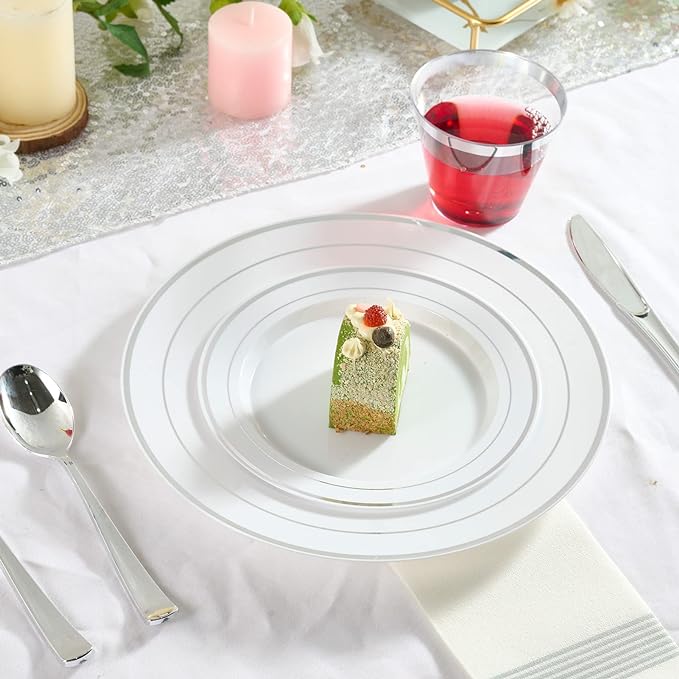 FOCUSLINE Silver Plastic Plates Set of 60, Disposable Plates with Silver Rim 30 Dinner Plates 10" and 30 Salad Dessert Appetizer Plate 7", Elegant Fancy Heavy Duty Wedding Party Plates