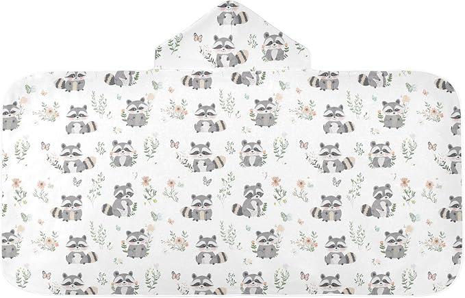 Kid Beach Towel Cute Raccoon White Hooded Towels for Kids Quick Dry Toddler Bath Towel