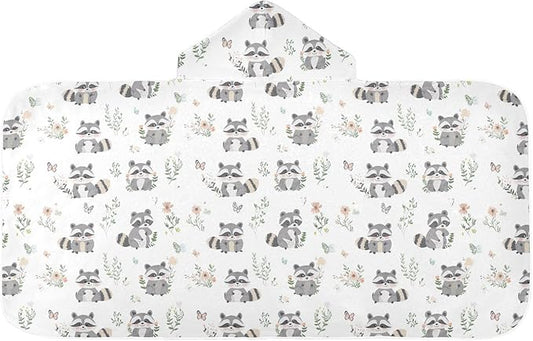 Kid Beach Towel Cute Raccoon White Hooded Towels for Kids Quick Dry Toddler Bath Towel